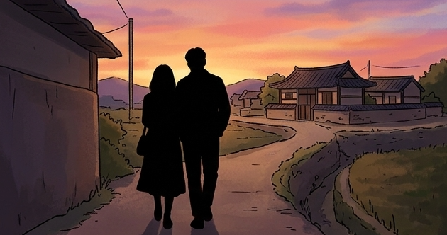 Illustration of a couple walking through a village at sunset